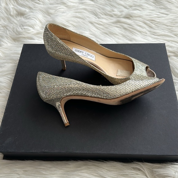 Jimmy Choo Gold Glitter Leather “Isabel” Peep Toe Heels Size 38 1/2 - Picture 1 of 13